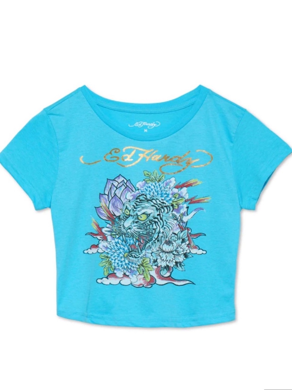 New Ed Hardy Blue Cropped Tiger Shirt